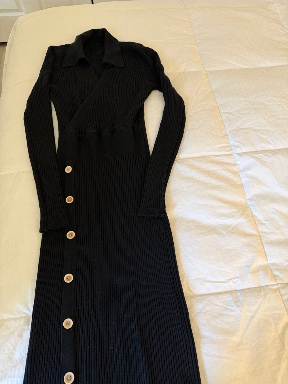Black Ribbed Knit Button-Front Long Sleeve Dress